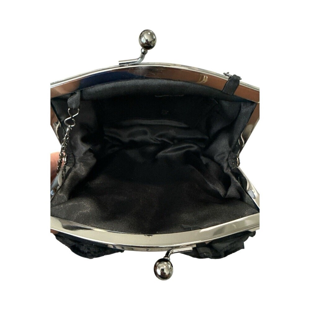 Lulu Townsend Black Rosette Evening Bag Satin Clutch Chain Strap Kiss Lock Purse - Picture 6 of 9